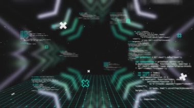 Siyah arkaplanda veri işleme ve şekillerin animasyonu. küresel iş, finans, bağlantılar ve dijital arayüz konsepti dijital olarak oluşturulmuş video.