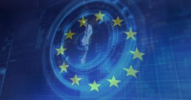 eu bayrağı üzerinde tarama alanının animasyonu. Füze ile dijital arayüzün bayrak üzerinde canlandırılması. Ukrayna krizi, güncel ilişkiler, politika ve küresel ekonomi konsepti dijital olarak oluşturulmuş video.