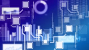 Mavi arkaplandaki veri işleme ve şekillerin canlandırılması. küresel iş, finans, bağlantılar ve dijital arayüz konsepti dijital olarak oluşturulmuş video.