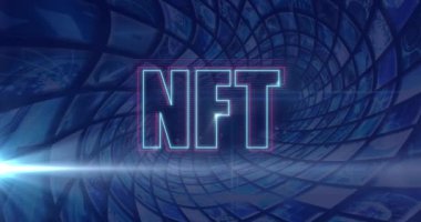 Veri işleme üzerinde nft metin animasyonu. küresel iş, finans, bağlantılar ve dijital arayüz konsepti dijital olarak oluşturulmuş video.
