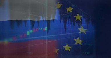 Rusya bayrağı animasyonu ve veri işleme üzerinden veda. küresel iş, finans, bağlantılar ve dijital arayüz konsepti dijital olarak oluşturulmuş video.