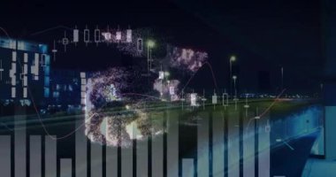 Şehir manzarası üzerinde veri işleme animasyonu. küresel iş, finans, bağlantılar ve dijital arayüz konsepti dijital olarak oluşturulmuş video.