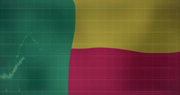 Анимация Обработки Данных Над Флагом Бенина Глобальный Бизнес Финансы Связи — стоковое видео