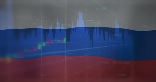 Animación Bandera Rusia Sobre Procesamiento Datos Negocios Globales Finanzas Conexiones — Vídeo de stock