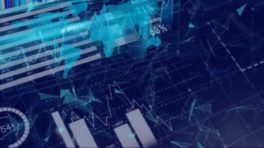 Mavi arkaplanda dünya haritasına karşı istatistiksel veri işleme ve pleksus ağları. bilgisayar arayüzü ve teknoloji kavramı