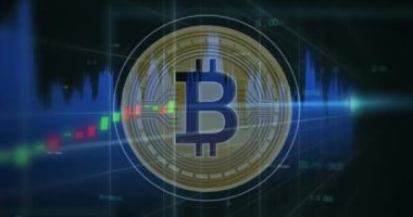 Bitcoin sembolü üzerinde veri işleme animasyonu. küresel iş, finans, bağlantılar ve dijital arayüz konsepti dijital olarak oluşturulmuş video.