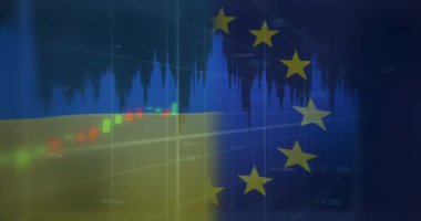 Ukrayna bayrağı animasyonu ve veri işleme üzerine eu. küresel iş, finans, bağlantılar ve dijital arayüz konsepti dijital olarak oluşturulmuş video.