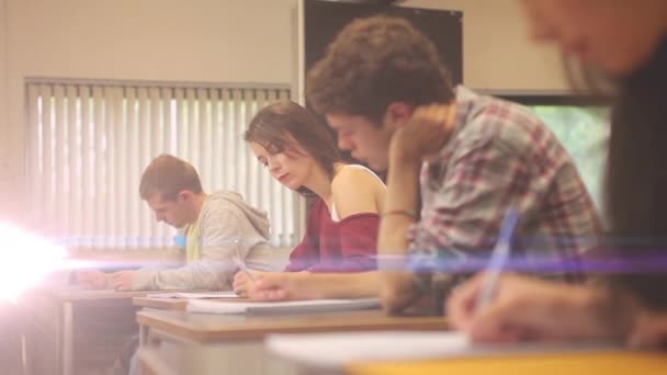 Animación Puntos Luz Sobre Diversos Estudiantes Escribiendo Día Nacional Escritura — Vídeos de Stock