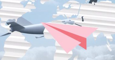 Dünya haritası üzerinde uçaklar animasyonu. Ulusal havacılık günü ve dijital olarak üretilen video konsepti.