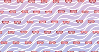 Full frame illustration of sunglasses over wavy purple background. digital composite, digitally generated, summer, eyewear and sunglasses day concept.