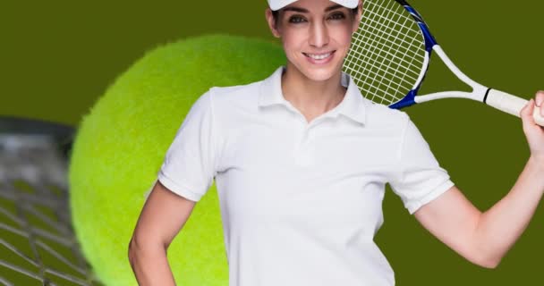 Animation Happy Caucasian Female Tennis Player Rocket Tennis Field Ball — Stok video