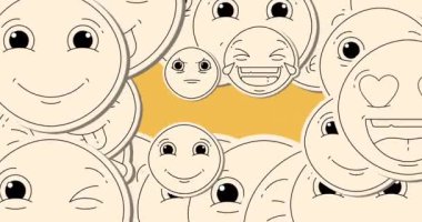 Sarı arkaplanda hareket eden duygu simgelerinin animasyonu. Sosyal medya, duygu simgeleri ve emoji günü konsepti dijital olarak oluşturulmuş video.