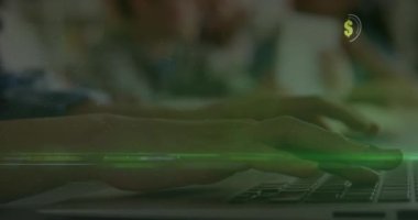 Dollar symbols over multiple round scanners against close up of person hands using a laptop. global finance and business technology concept