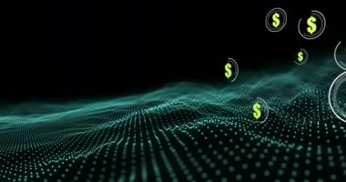 Dollar symbol on multiple round scanners against green digital wave on black background. global finance and technology concept