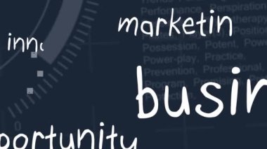 Digital animation of business concept texts floating against blue background. global business and technology concept