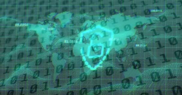 Security Padlock Shield Icon World Map Binary Coding Data Processing — Wideo stockowe