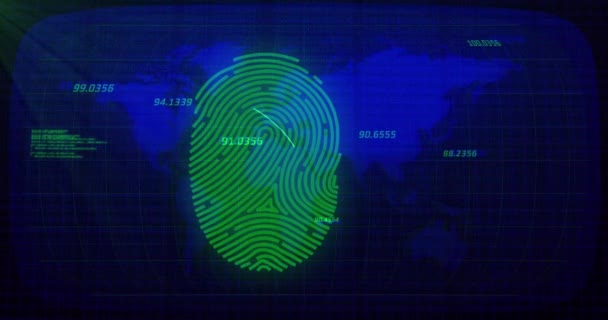 青の背景に世界地図に対する生体認証指紋スキャナ上のデータ処理 ビジネスとサイバーセキュリティ技術の概念 — ストック動画
