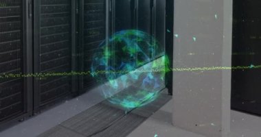 Plexus ağlarının küresi bilgisayar sunucu odasında dönüyor. küresel ağ oluşturma ve iş veri depolama teknolojisi kavramı