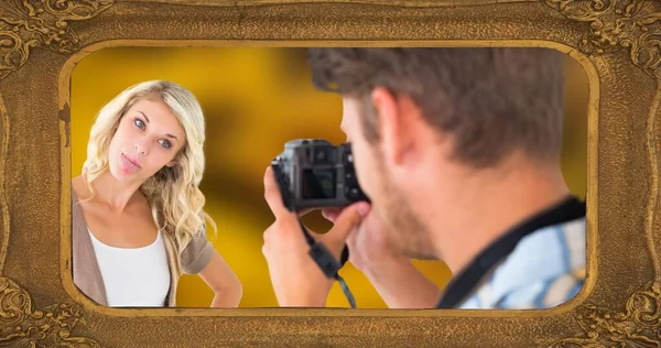 Picture Frame Caucasian Man Photographing Young Woman Sticking Out Tongue — Fotografia de Stock