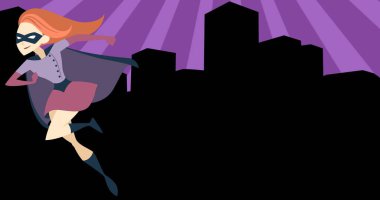Illustrative image of woman wearing cape and mask running against buildings in city, copy space. superwoman, power, vector, equality, freedom, human rights and celebration concept.