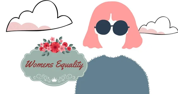 Ilustração Mulheres Igualdade Texto Mulher Usando Óculos Sol Contra Nuvens — Fotografia de Stock