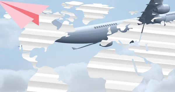 地図と青い空に対して飛んで飛行機とピンクの紙飛行機のデジタル複合体は ペースをコピーします 愛国心 お祝いと意識の概念 — ストック写真
