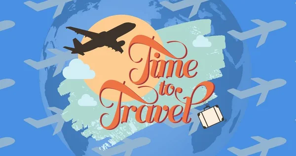 Ilustración Del Tiempo Para Viajar Texto Aviones Voladores Sol Tierra —  Fotos de Stock
