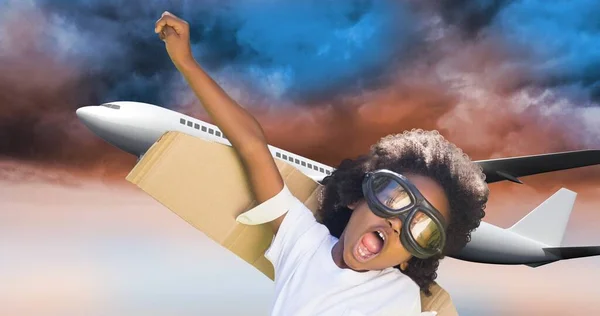 African American Boy Cardboard Wings Goggles Flying Airplane Flying Cloudy — Stockfoto