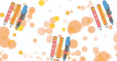 Kalemin, kalemlerin ve mavi kitapların üzerindeki turuncu noktaların animasyonu. Uluslararası okuryazarlık günü ve okuma konsepti dijital olarak oluşturulmuş video.