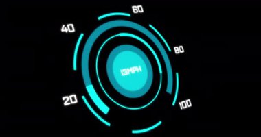 Animation of car speedometer on black background. global transport and digital interface concept digitally generated video.