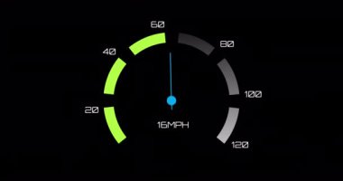 Siyah arkaplandaki araba hız göstergesinin animasyonu. küresel ulaşım ve dijital arayüz kavramı dijital olarak oluşturulmuş video.