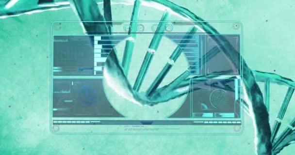 青色の背景に回転するDna構造上のデータ処理とのデジタルインターフェイス 医学研究科学技術の概念は — ストック動画
