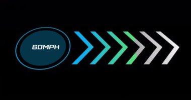 Siyah arkaplandaki araba hız göstergesinin animasyonu. küresel ulaşım ve dijital arayüz kavramı dijital olarak oluşturulmuş video.