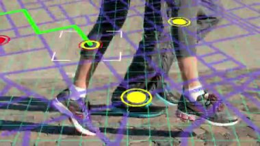 Navigation map line scheme against low section of a couple running outdoors. gps and navigation concept