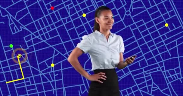 African American Businesswoman Using Smartphone Navigation Map Line Scheme Gps — Video Stock