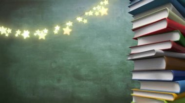 Animation of glowing stars over stack of books. international literacy day and reading concept digitally generated video.