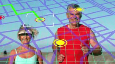 Navigation map line scheme over caucasian senior couple running together outdoors. gps and navigation concept