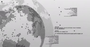 Gri arka planda dönen dünya üzerinde veri işleme animasyonu. küresel veri işleme, ağ ve teknoloji konsepti dijital olarak oluşturulmuş video.