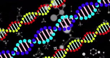Siyah zemin üzerinde moleküler yapıların etrafında dönen renkli DNA yapıları. tıbbi araştırma ve bilim teknolojisi kavramı