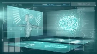 Ekranlar üzerinde bilimsel veri işleme animasyonu. küresel bilim, araştırma, bağlantılar, ağlar ve dijital olarak oluşturulmuş veri işleme kavramı.