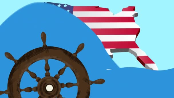 Animation Ship Steering Wheel American Flag Sea Columbus Day Travel — Video Stock