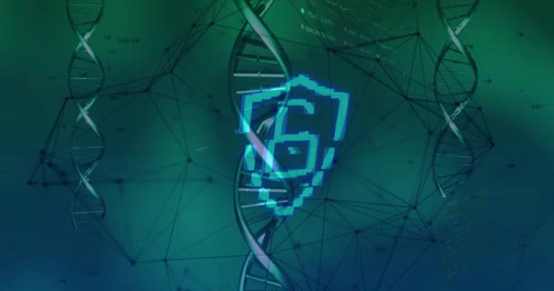 Security Padlock Icon Dna Structure Network Connections Green Background Cyber — Stok video