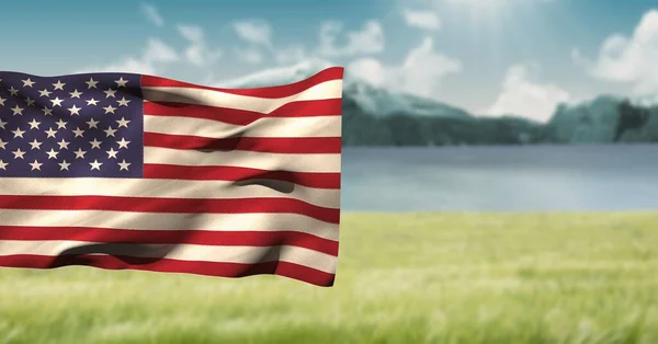Composite Image Waving American Flag Landscape Grassland Mountains National Tourism — Stok fotoğraf
