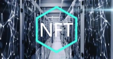 Nft metninin bağlantı ağı ve sunucu odası üzerinden canlandırılması. küresel iş, finans ve dijital arayüz kavramı dijital olarak oluşturulmuş video.