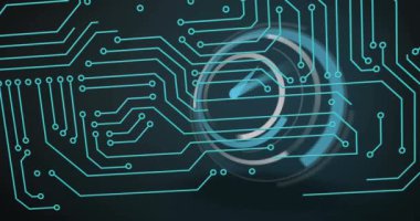 Animation of computer circuit board over clock on blackv background. global business, finances and digital interface concept digitally generated video.