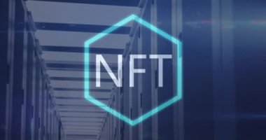 Animation of nft text over data processing and server room. global business, finances and digital interface concept digitally generated video.