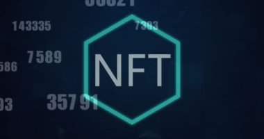 Nft metninin siyah arkaplandaki veri işleme üzerinden canlandırılması. küresel iş, finans ve dijital arayüz kavramı dijital olarak oluşturulmuş video.