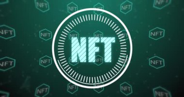 Yeşil arkaplan üzerindeki nft metninin canlandırması. küresel iş, finans ve dijital arayüz kavramı dijital olarak oluşturulmuş video.