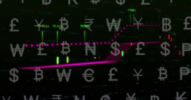 Siyah arka planda finansal veri işleme üzerine döviz sembollerinin animasyonu. küresel iş, finans ve dijital arayüz kavramı dijital olarak oluşturulmuş video.