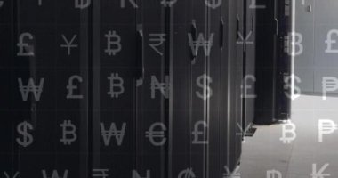 Sunucu odasının üzerinde döviz sembollerinin canlandırılması. küresel iş, finans ve dijital arayüz kavramı dijital olarak oluşturulmuş video.